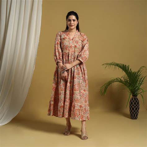 Beige Block Print Cotton Tiered Sanganeri Dress