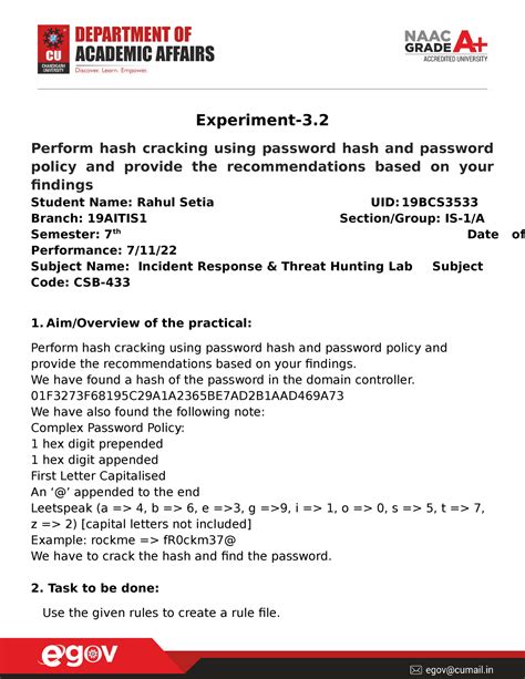 Rahul Setia IRTH 9 - Lab - Experiment-3. Perform hash cracking using ...