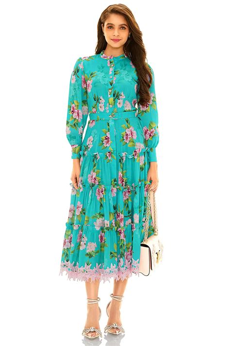 Light-Teal Floral Maxi Dress | Rosalyn Tiered Belted Style – Pretty Pixie
