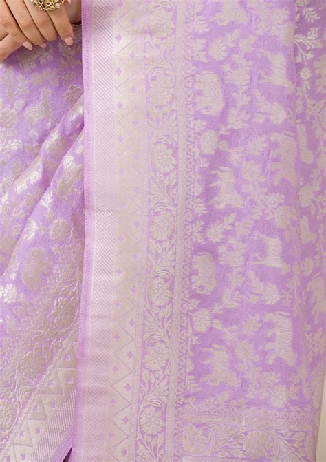 Buy Lavender Zariwork Soft Silk Saree - Koskii