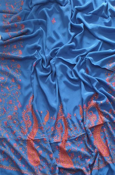 Blue Hand Embroidered Kashmiri Sozni Work Crepe Saree - Luxurionworld