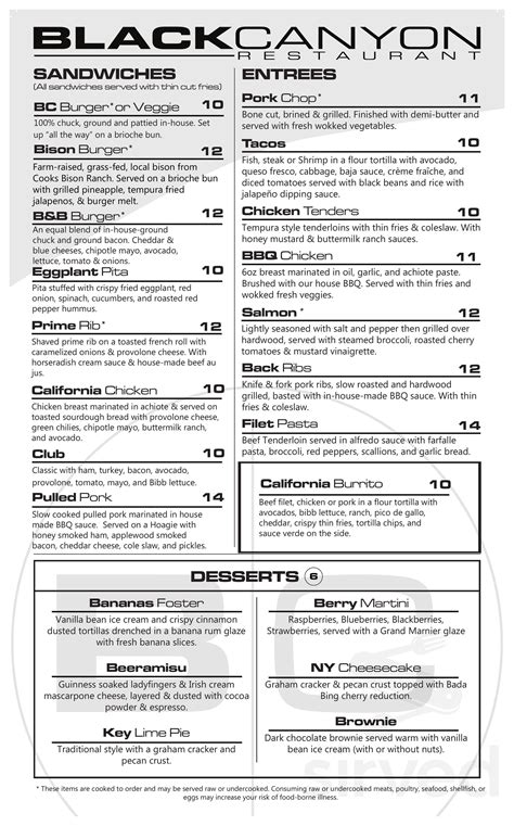 Black Canyon Restaurant menus in Fort Wayne, Indiana, United States
