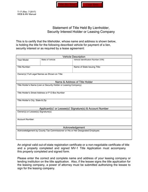 GA DMV Form T-17 Statement of Title Held by Lienholder, Security ...