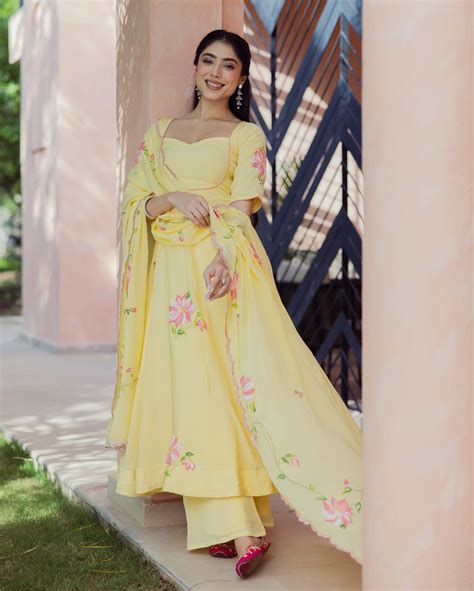Shop Aura Yellow Handpainted Chinon Suit Set for Women Online in India ...