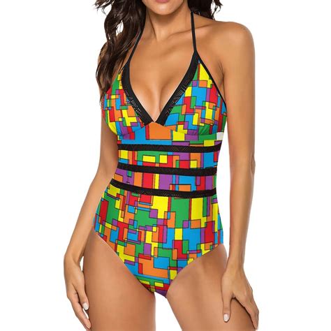 Color Block Swimsuit Gre Red Yellow One Piece Swimwear Push Up ...