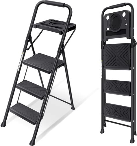 KINGRACK 3 Step Ladder with Tool Tray, Step Stool Folding with Anti ...