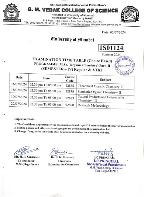 Examination time table MSc part-2 (Semester -4) – G M Vedak College of ...