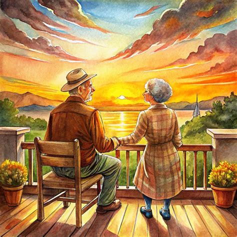 See related image detail. A painting of an old couple sitting on a deck overlooking a lake ...