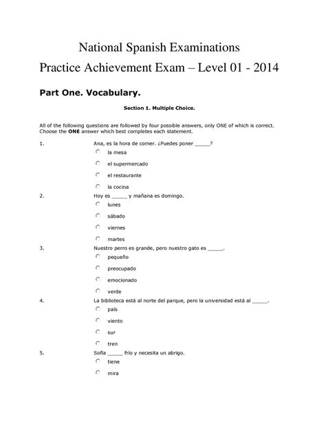 2014 National Spanish Examinations - Achievement - Level 01 Student ...
