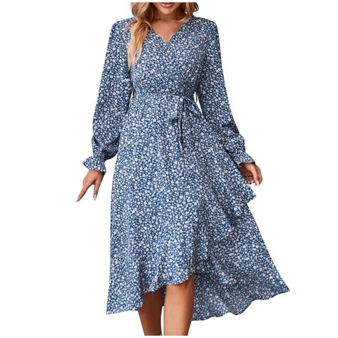 AKOEE Long Sleeve Fall Dress Wrap V Neck Floral Print Tie Waist Flowy ...