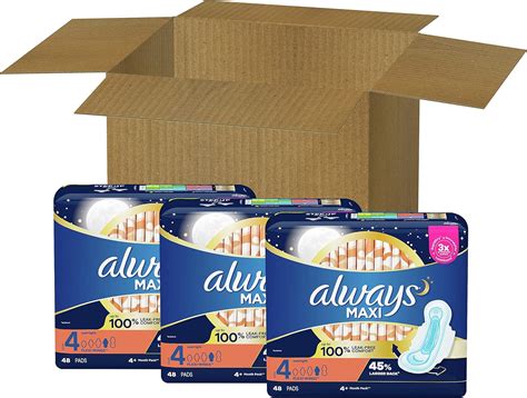 Always Maxi Feminine Pads with Wings for Women, Size 4, Overnight, 144 ...