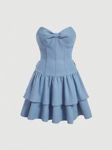 SHEIN MOD Denim Effect Twill Texture Ruched Bust Two Layer Hem Dress ...