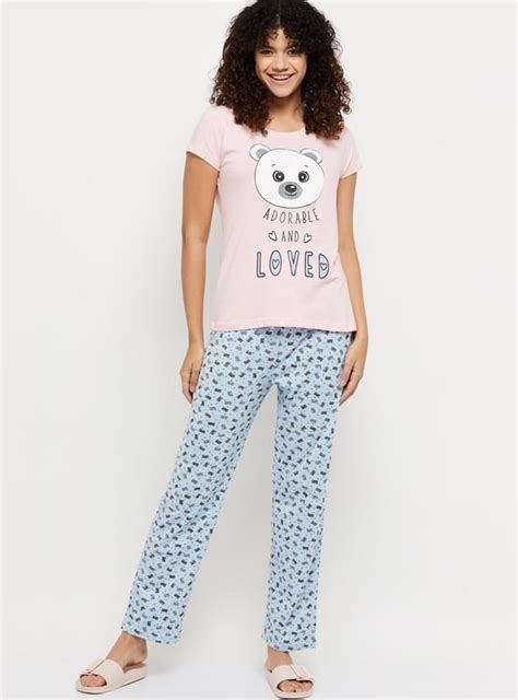 Buy Women Printed Round Neck T-shirt with Elasticated Pyjamas Online at ...