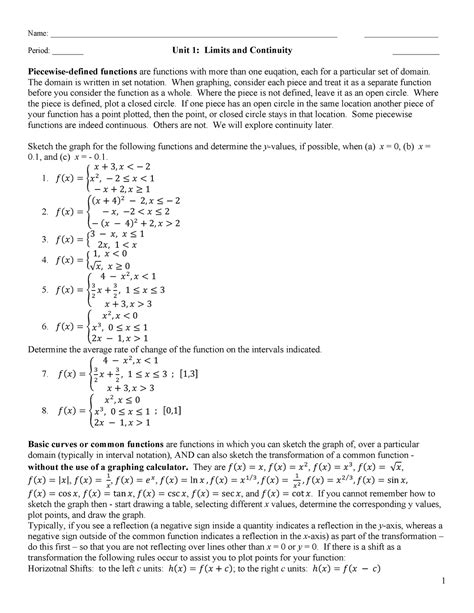 AP Calculus BC Unit 1 Practice - Name: - Studocu