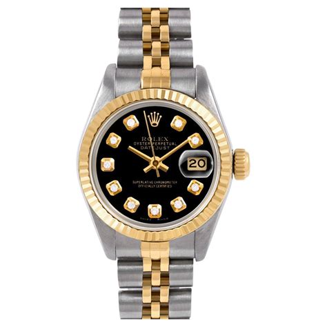 Rolex Ladies Two Tone Datejust Black Mother Of Pearl Diamond Dial ...