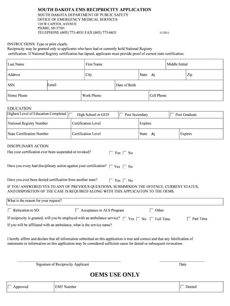 Fillable Online dps sd SOUTH DAKOTA EMS RECIPROCITY APPLICATION - dps ...