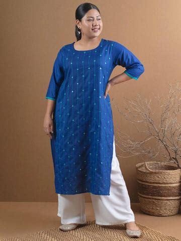 Buy Plus Size Blue Mirror Work Cotton Kurta Online at Rs.662 | Libas