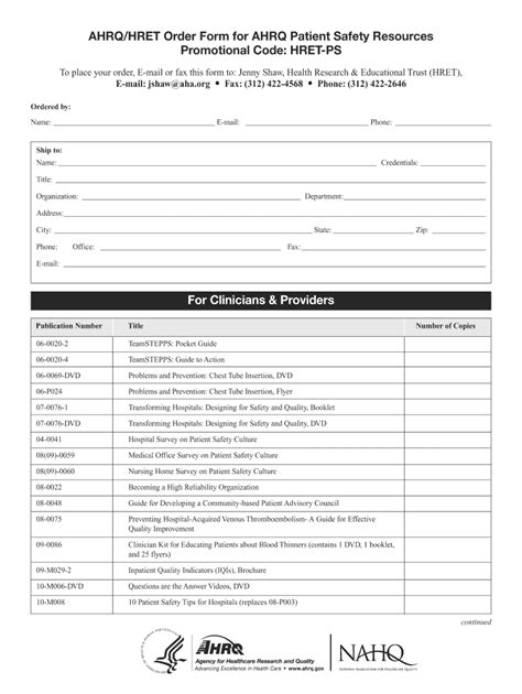 AHRQ Patient Safety Resources Order Form - Blank Fillable Template ...