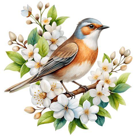 Bird On Branch With White Flowers Clipart Illustration Stock, Bird On ...