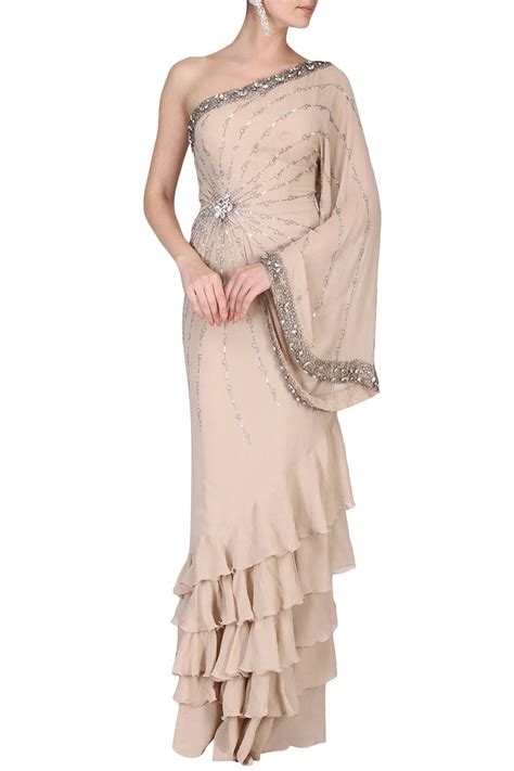 Beige Saree Gown With One Shoulder Drape Moroccan Inspiration Silk ...