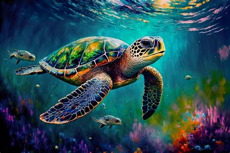 Sea Turtle Embrace. Vibrant Colorful Oil Painting Sea Life Canvas Wall ...