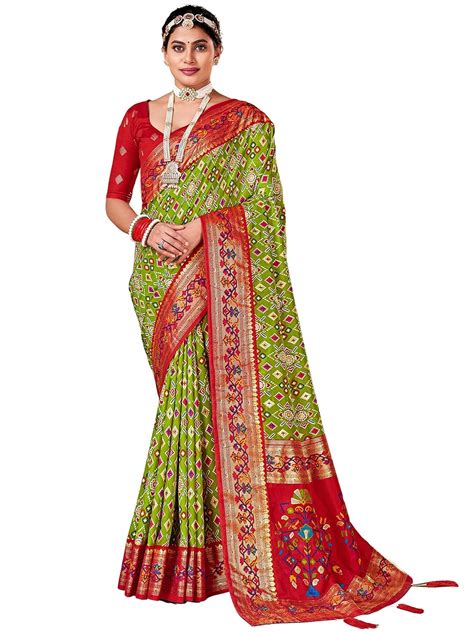 AKHILAM Women's Soft Patola Silk Ikat Print Golden Zari Border Saree ...