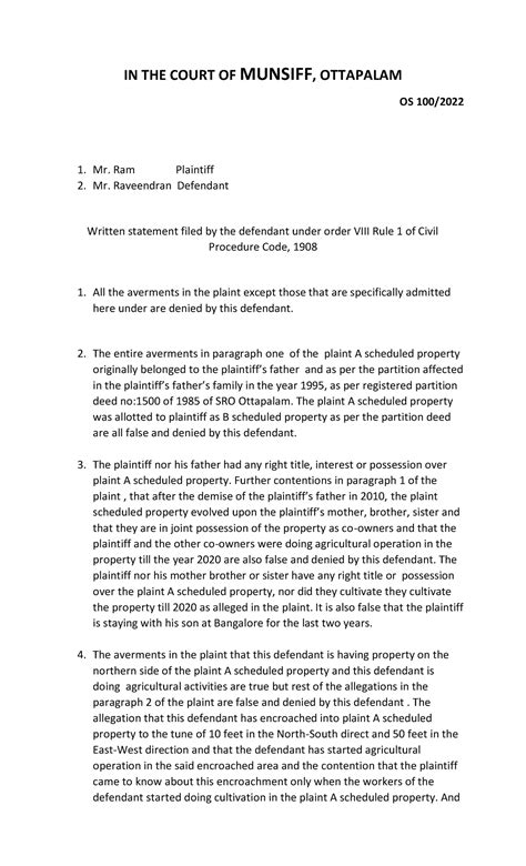 Written statement - IN THE COURT OF MUNSIFF, OTTAPALAM OS 100/ Mr. Ram ...