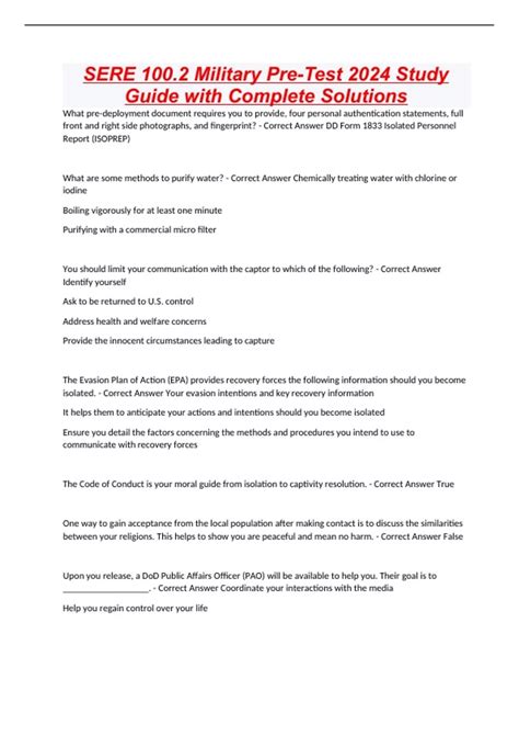 SERE 100.2 Military Pre-Test 2024 Study Guide with Complete Solutions ...