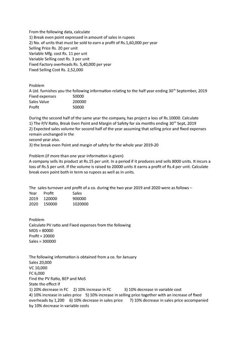 Problems ON Marginal Costing - From the following data, calculate Break ...