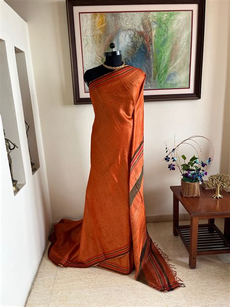 SHIBRITA- TUSSAR LINEN GHICHA BLEND IN RUST WITH COLOURED BANDS – MOS ...