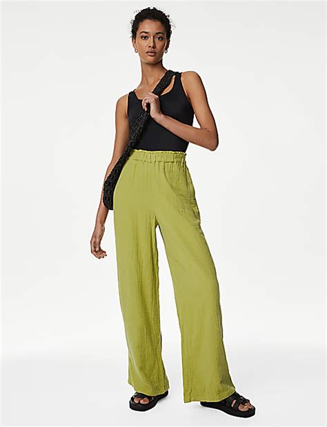 Buy Pure Cotton Wide Leg Trousers at Marks & Spencer