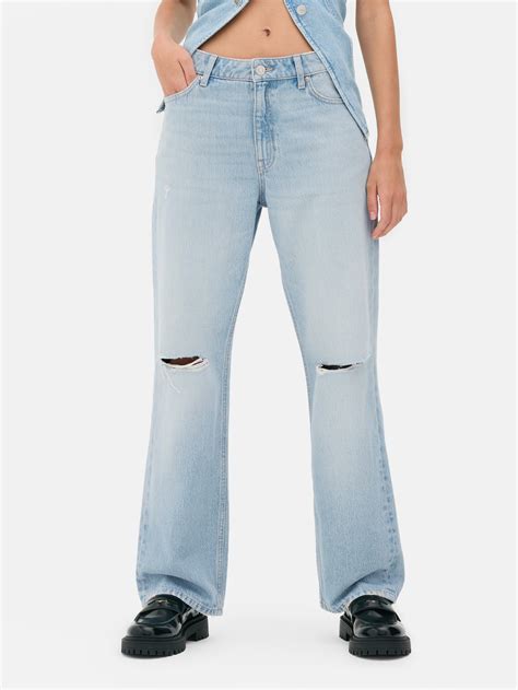 Womens Light Blue Mid Rise Ripped Straight Leg Jeans | Primark