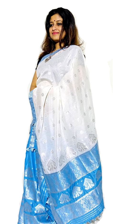 Buy Jaapi Ethnics Sky Blue and Pearl White Assamese Mekhela Chador with ...