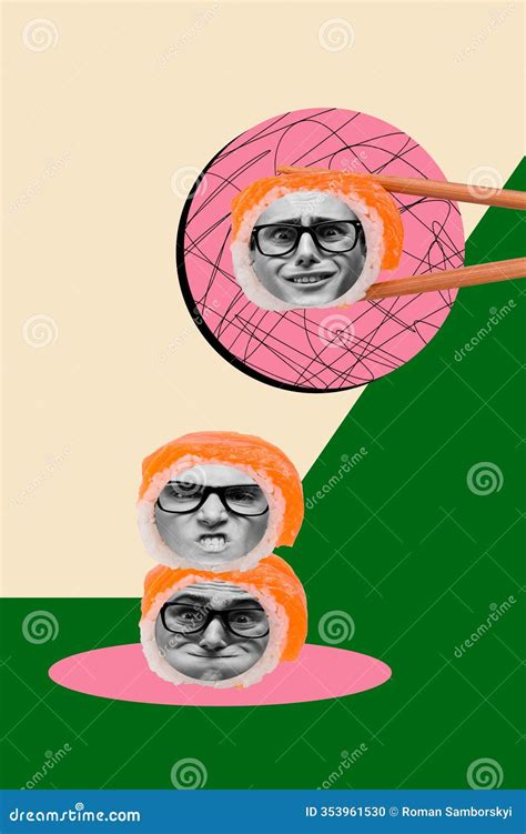Vertical Art Banner Collage of Dissatisfied Grimace Man Inside Sushi ...
