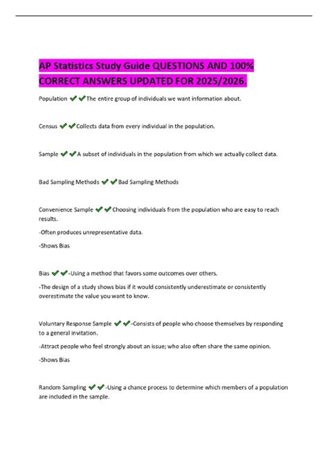 AP Statistics Study Guide QUESTIONS AND 100% CORRECT ANSWERS UPDATED ...