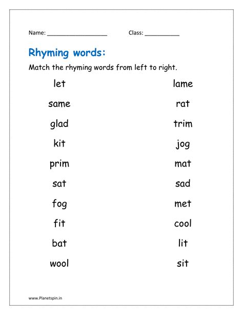 Rhyming words worksheets PDF for kindergarten | Planetspin.in