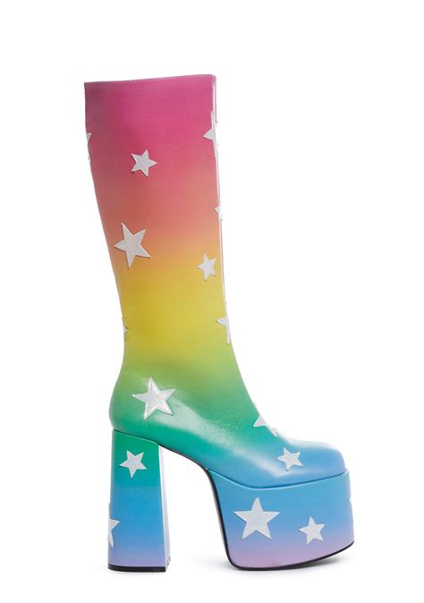 Club Exx Pastel Rainbow Star Knee High Platform Heel Boots - Multi – Dolls Kill