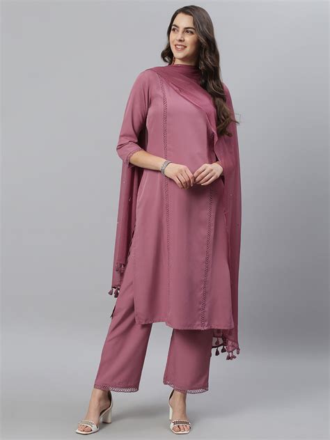 Mauve Solid Side Slit Straight Kurta Palazzo and Duapatta Set – Azira-Ind
