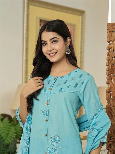 Sky Blue Floral Print Pure Cotton Kantha Work A-Line Kurta Trouser Dup ...