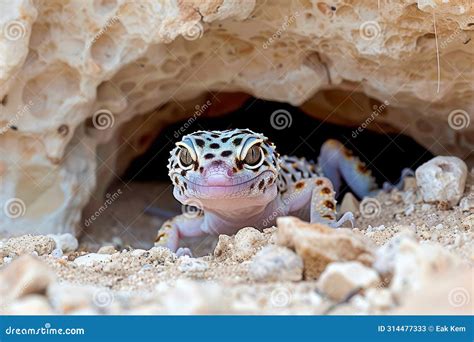 Wild Leopard Gecko Lurking in Natural Habitat Rocky Cave Closeup with ...
