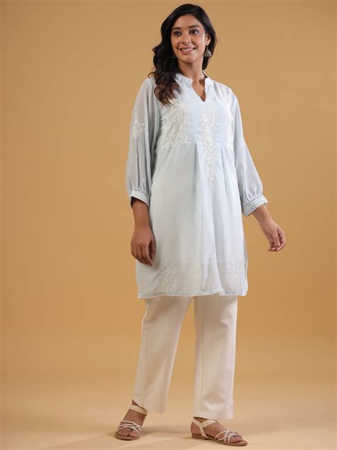 Sky Blue Embroidered Top With Spaghetti – Savi India