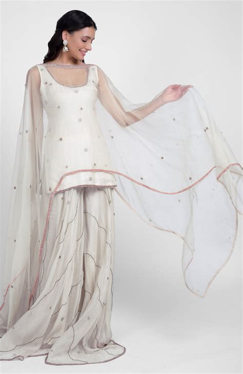 Off-White Hand Embroidered Sharara Set with Cape Dupatta – Talking Threads