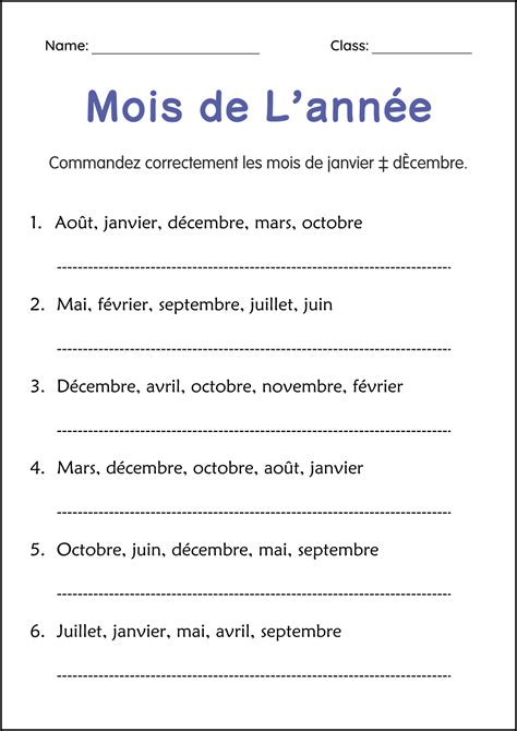 Months of the Year Worksheets in French - Mois de L’année Feuilles de ...