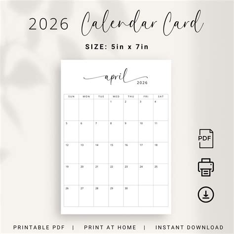 2026 Calendar 5x7 Inch 2026 Small Calendar Card PRINTABLE Elegant ...