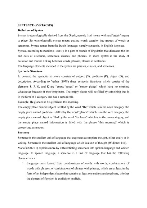 Sentence ( Syntacsis) - Syntax is etymologically derived from the Greek ...