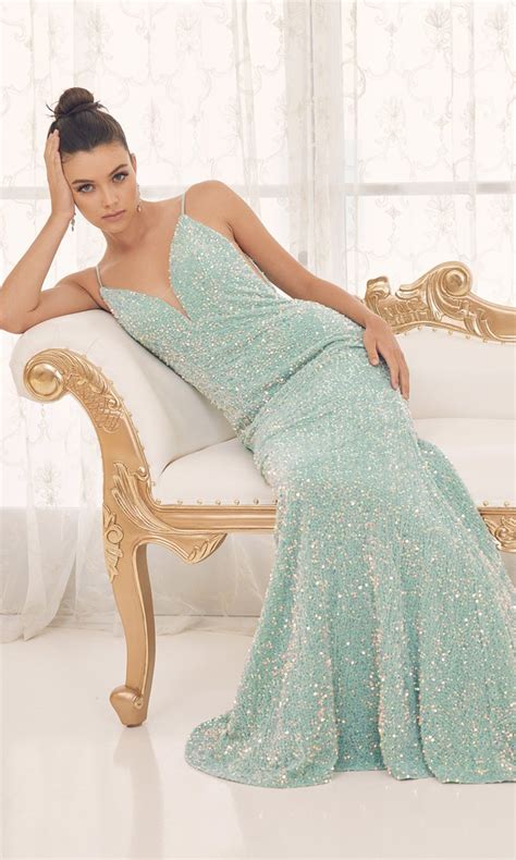 Sheer-Sides Long Sequin Formal Dress with Deep V-Back
