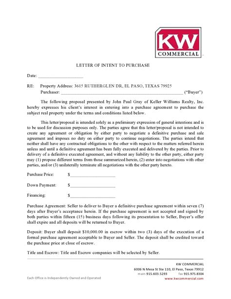 Commercial Real Estate Letter Of Intent To Purchase Template