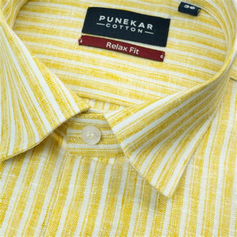 Mustard Yellow & White Striped Blend Cotton Shirt for Men – Punekar Cotton