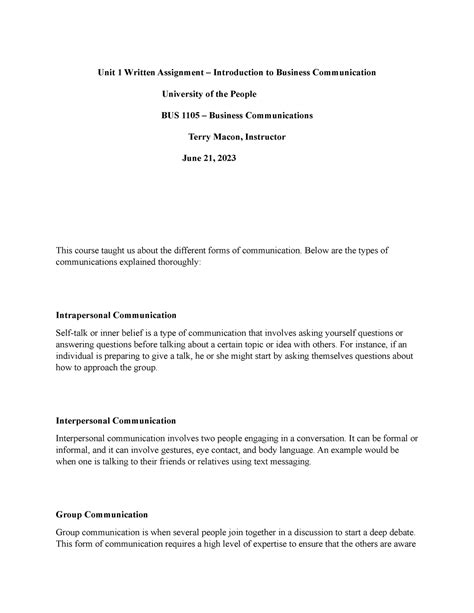 Unit 1 W.A Business Communication - Unit 1 Written Assignment ...