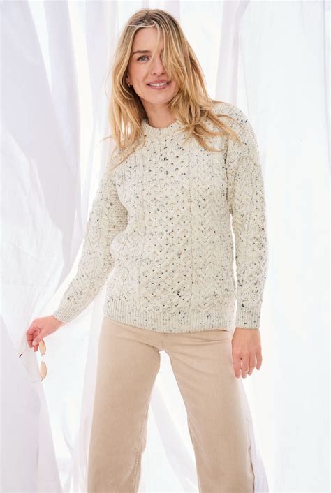 Traditional Aran Wool Womens Sweater | Flecked Cream